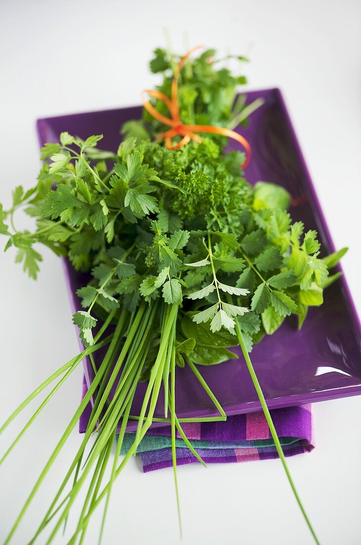Bunch of herbs on purple plate