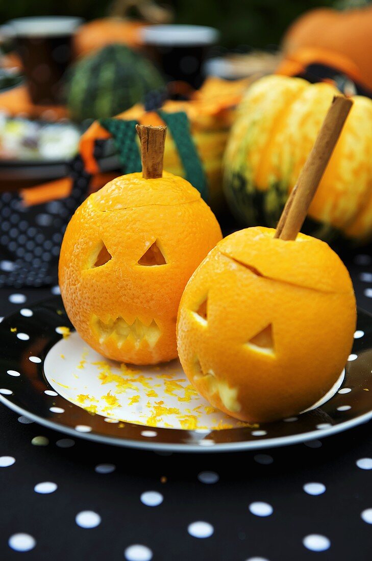 Orange sorbet in carved oranges for Halloween