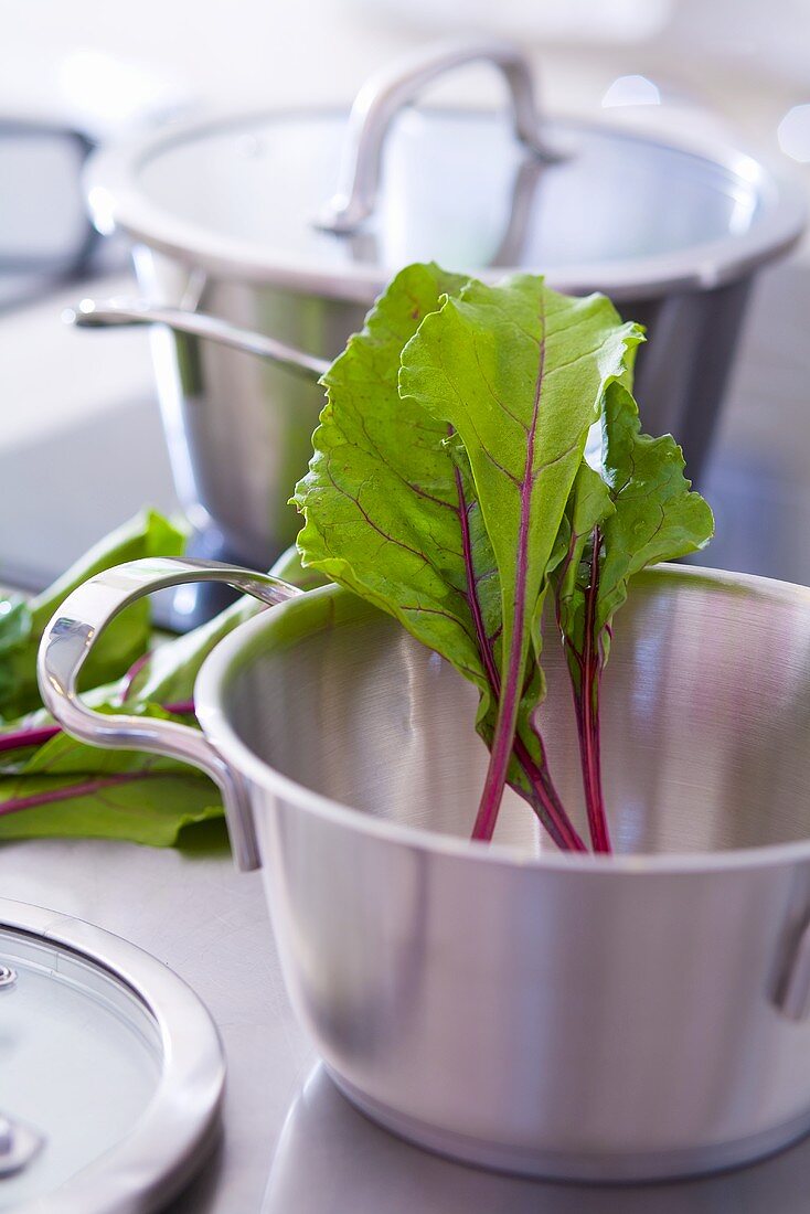 Pans and beetroot leaves