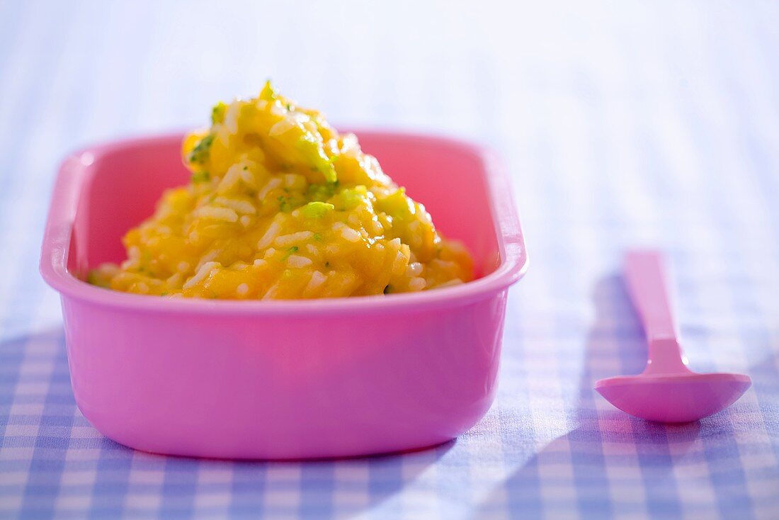 Carrot and broccoli puree with rice (baby food)