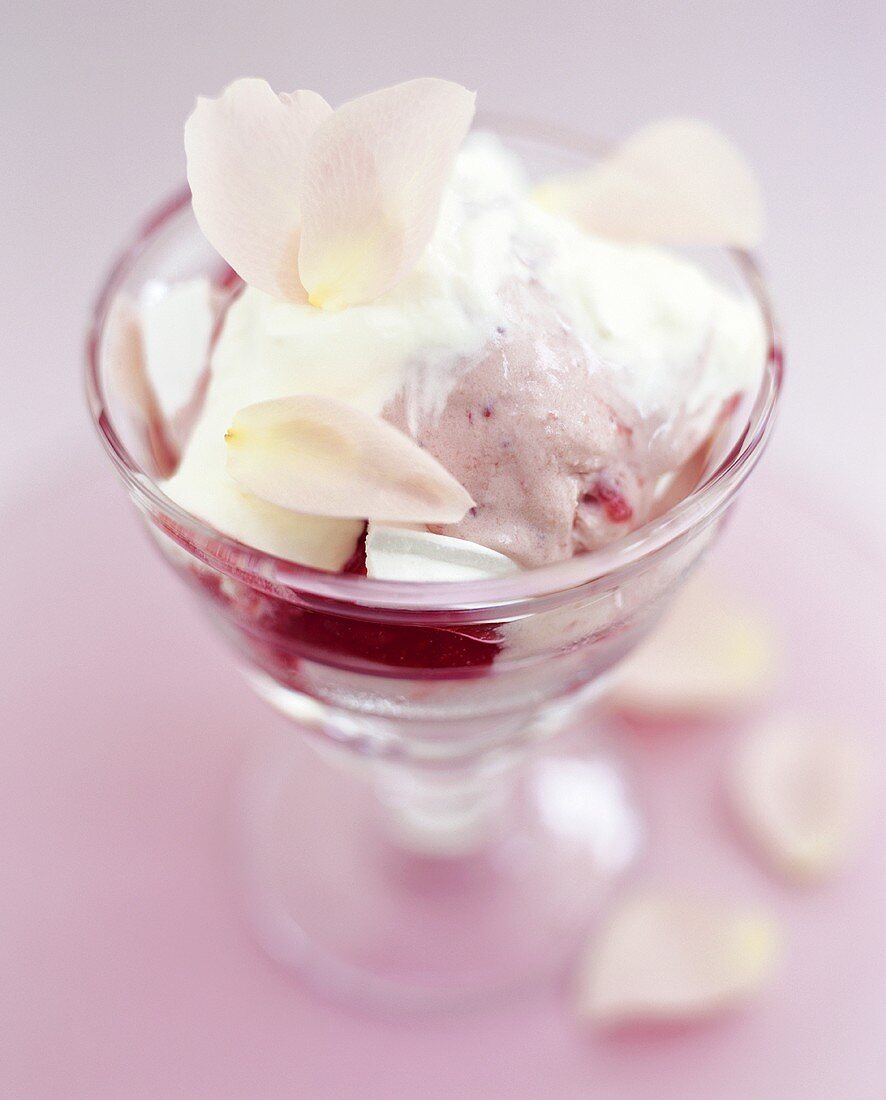 Ice cream sundae with rose petals