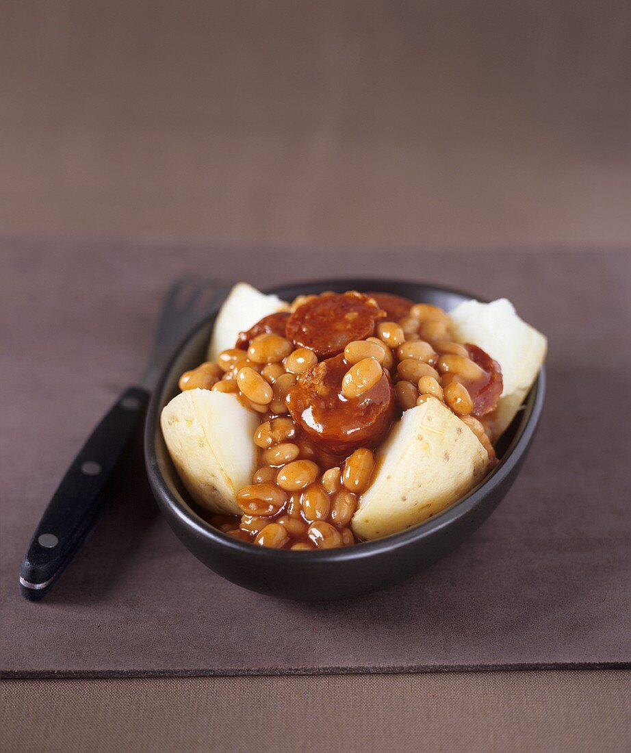 Chorizo and baked beans in a baked potato