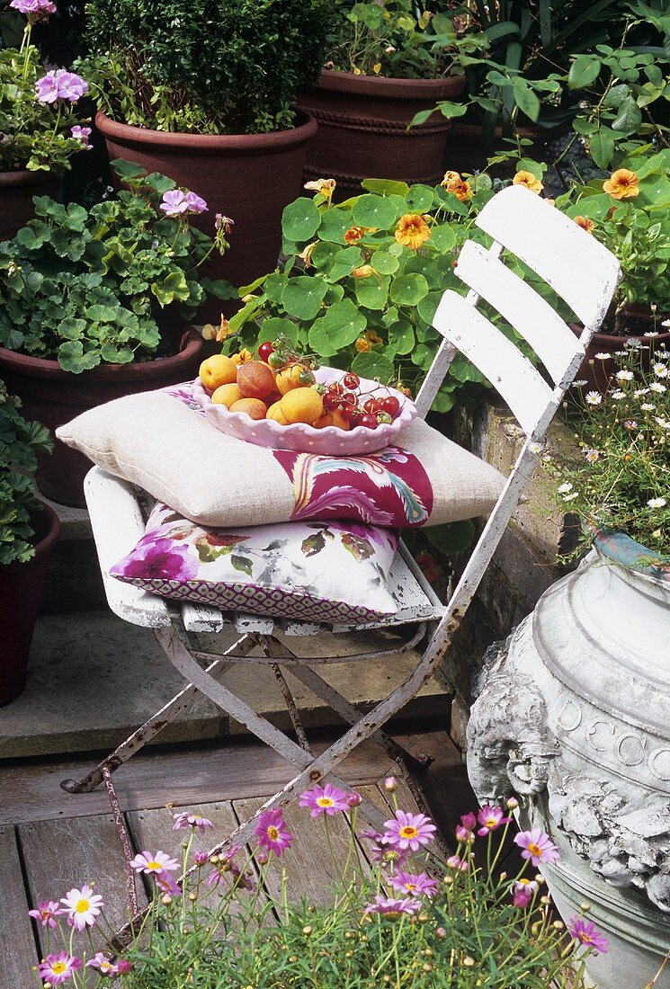 Eine Schale mit Tomaten und Pfirsichen auf einem Gartenstuhl