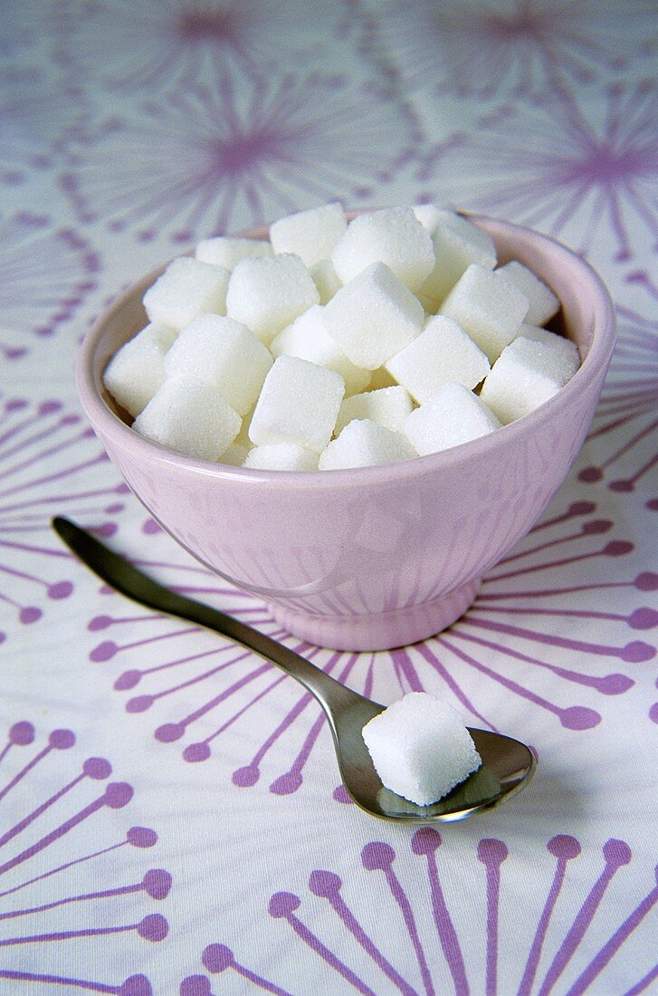 Sugar cubes in sugar bowl and on spoon