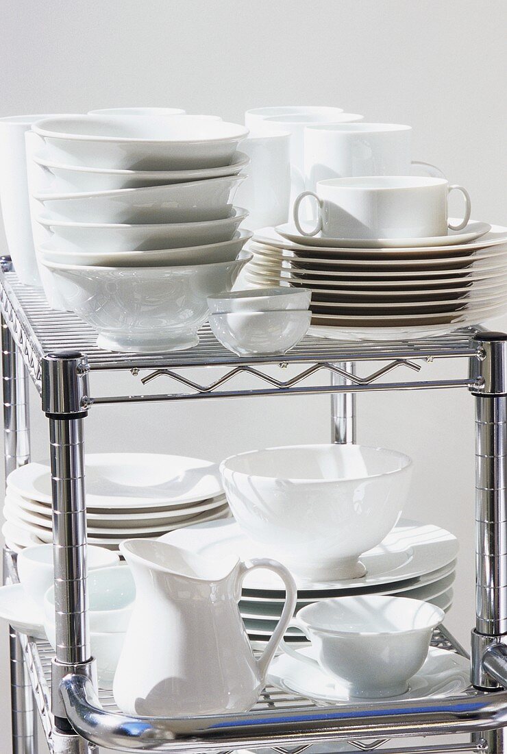 Assorted tableware on a rack