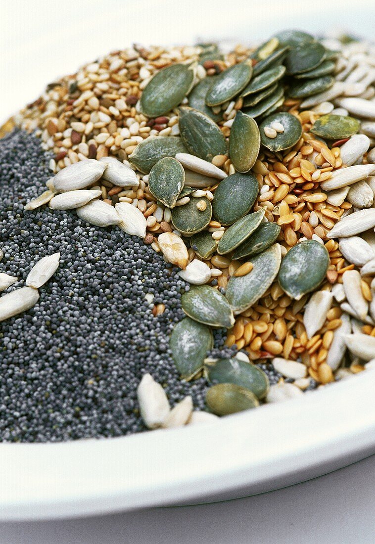 Poppy seeds, flax seeds, sunflower & pumpkin seeds on plate