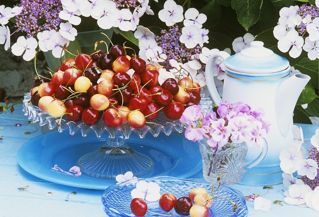 Various types of cherries on a cake stand