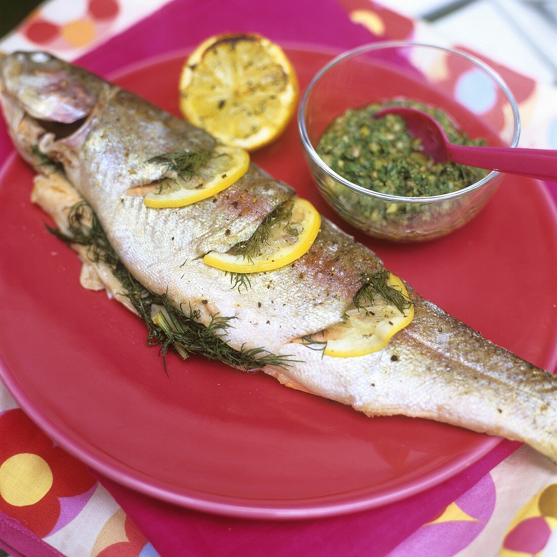 Salmon trout with dill and herb salsa