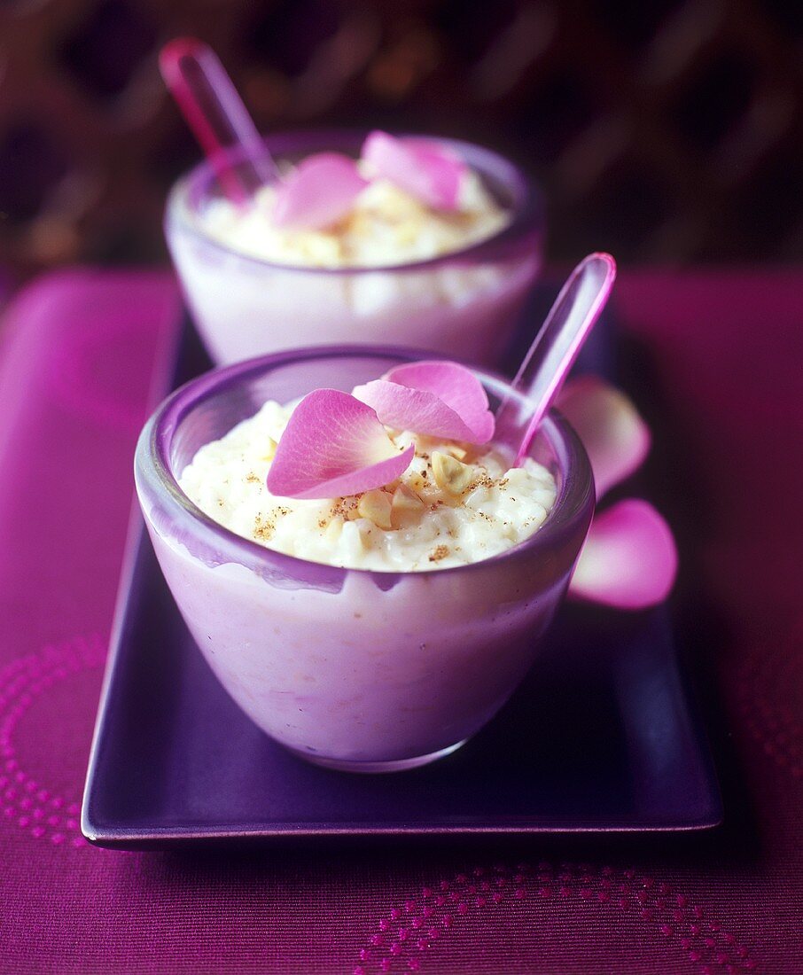 Rice pudding with rose water, cinnamon and rose petals