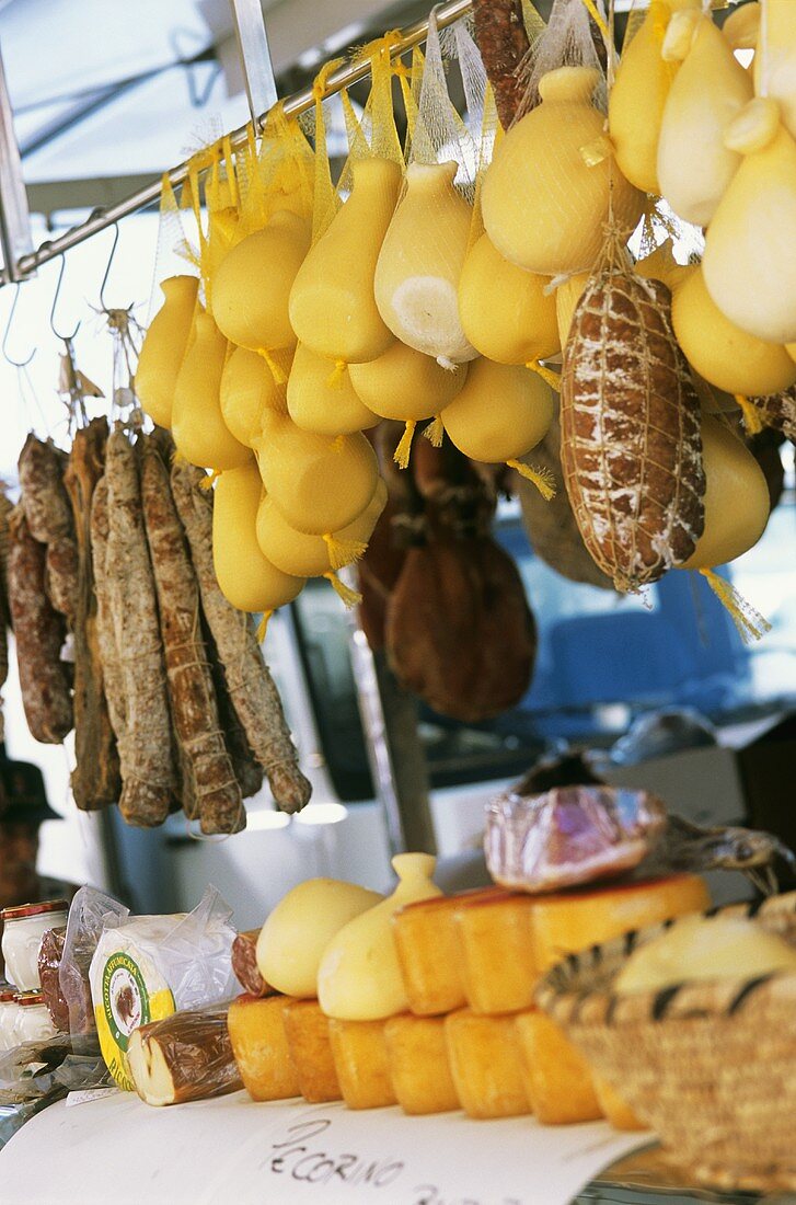 Stall selling cheeses and sausages