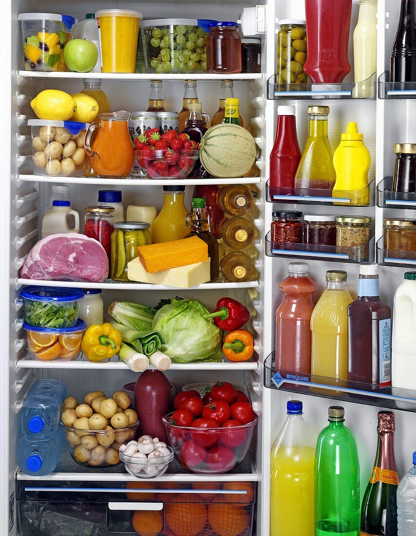 Food and drinks in a refrigerator