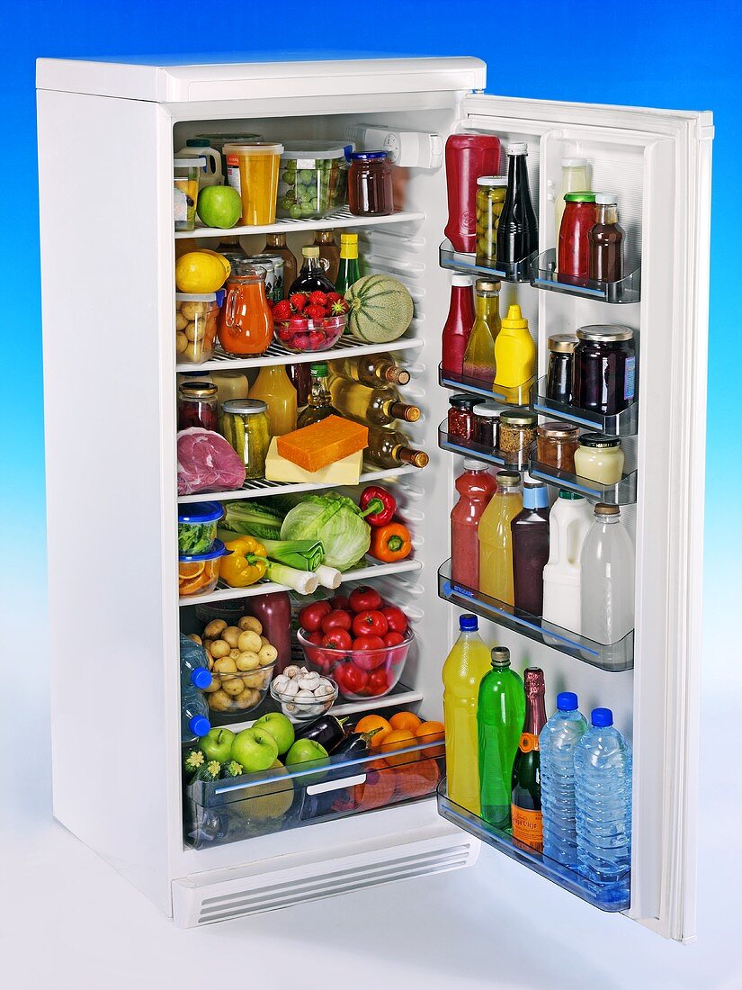 Tall refrigerator filled with food