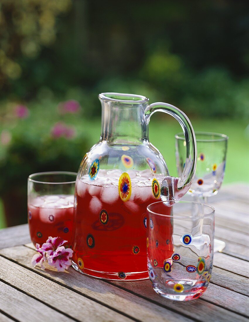 Karaffe und Glas mit Cranberrysaft auf einem Gartentisch