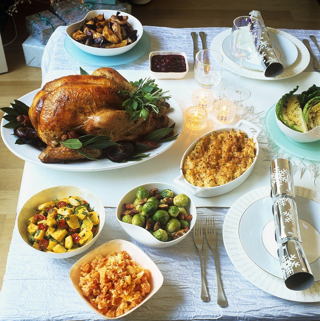 Christmas meal with turkey and accompaniments