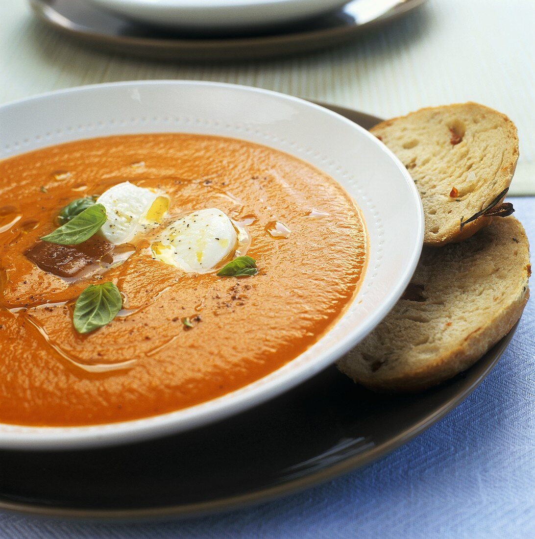 Chilled tomato soup with mozzarella