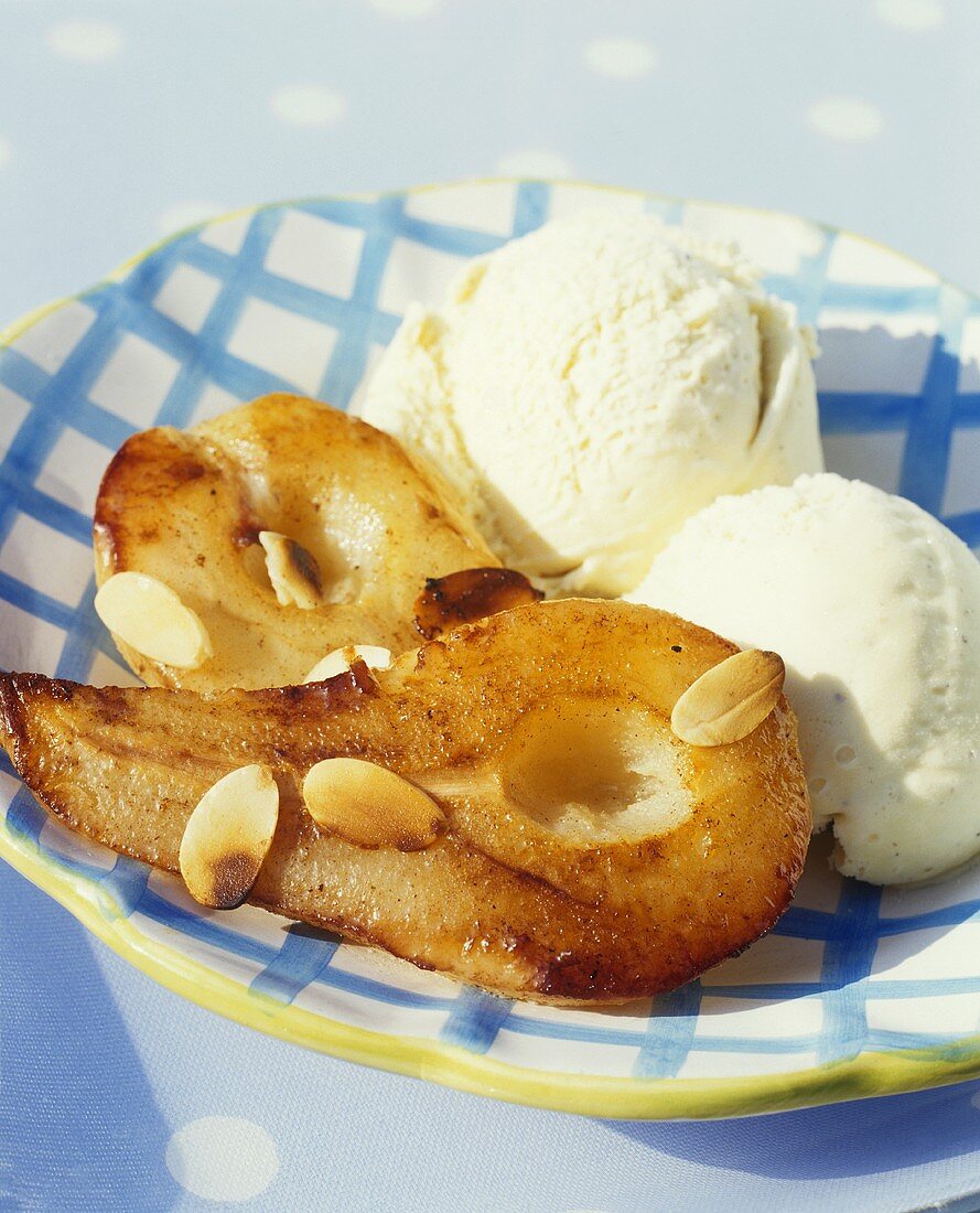 Baked pear with vanilla ice cream