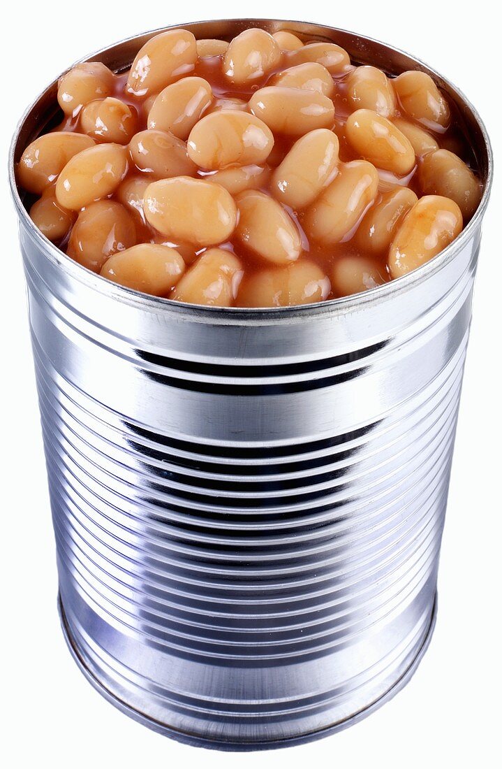 Baked beans in opened tin