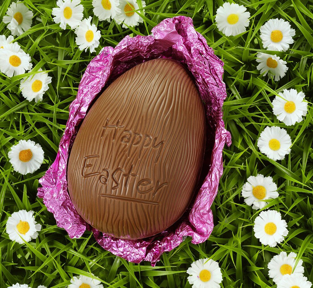 Schokoladenei mit Aufschrift 'Happy Easter' im Gras