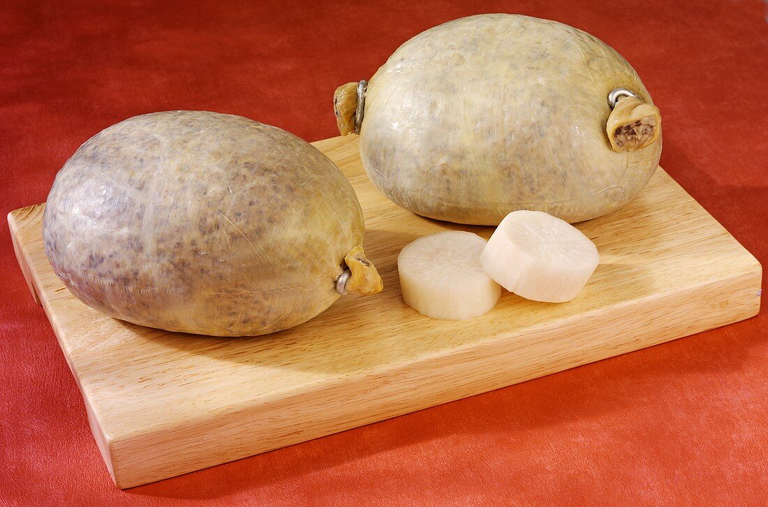 Two raw haggises (Stuffed sheep's stomachs, Scotland)