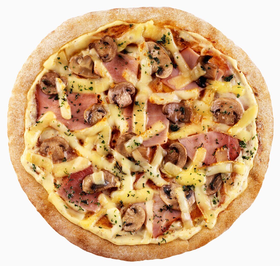 Ham, mushroom and cheese pizza