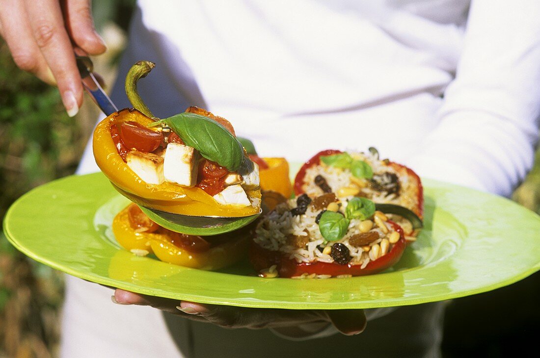 Grilled peppers stuffed with feta and with rice