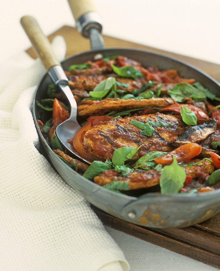 Quorn (meat substitute) with vegetables in frying pan