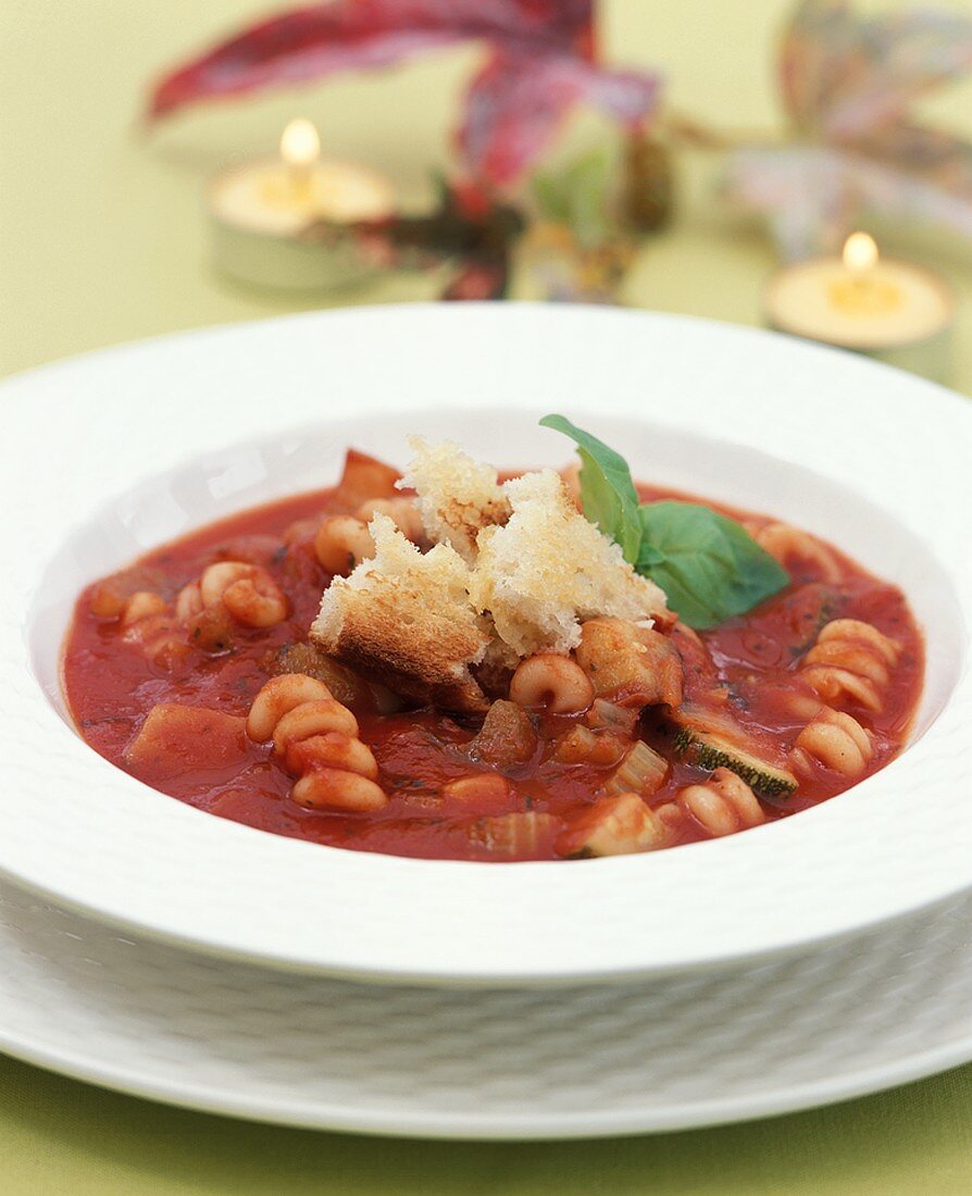 Minestrone soup with garlic croutons