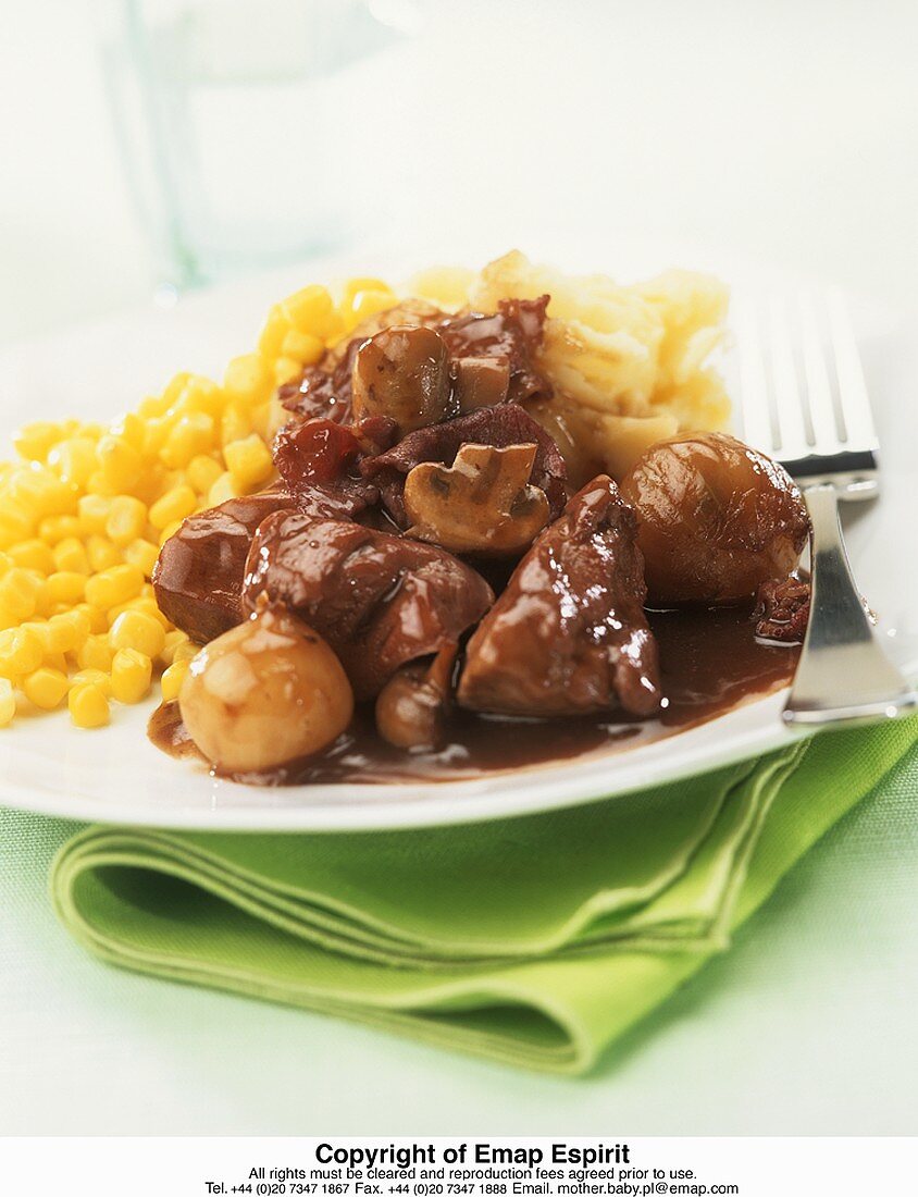 Coq au vin with tinned sweetcorn and mashed potato