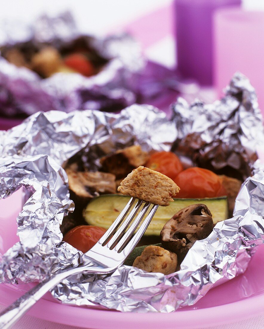 Quorn (meat substitute) with garlic & vegetables cooked in foil