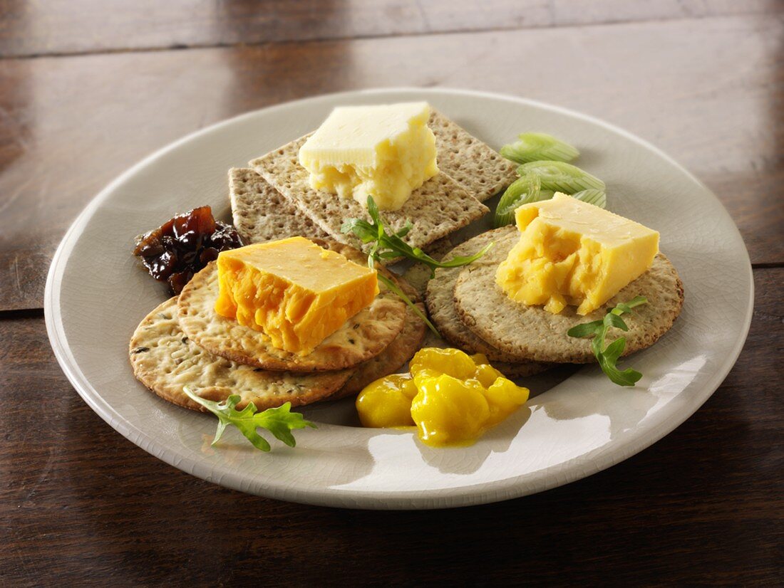 English cheeses with crackers and relish
