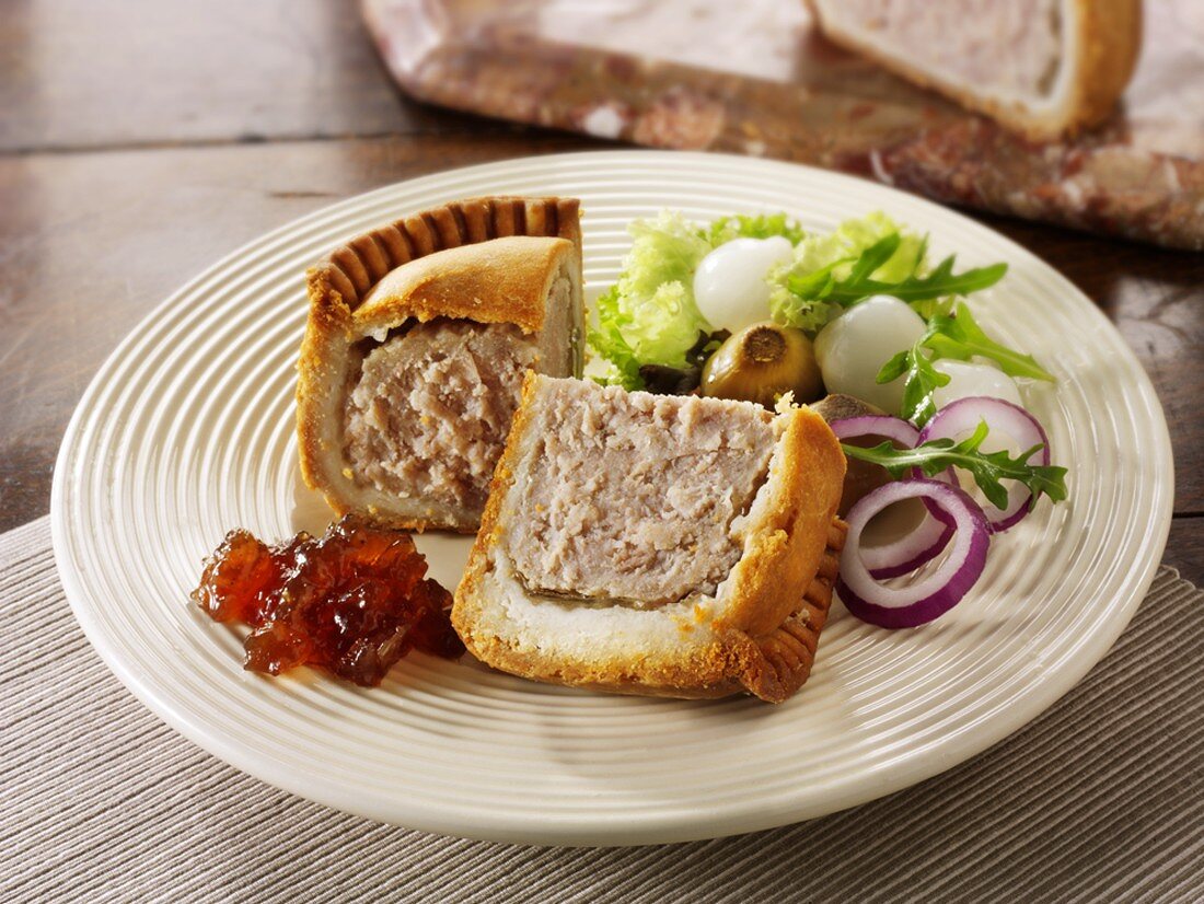 Pork pie with onion chutney and pickled onions (England)