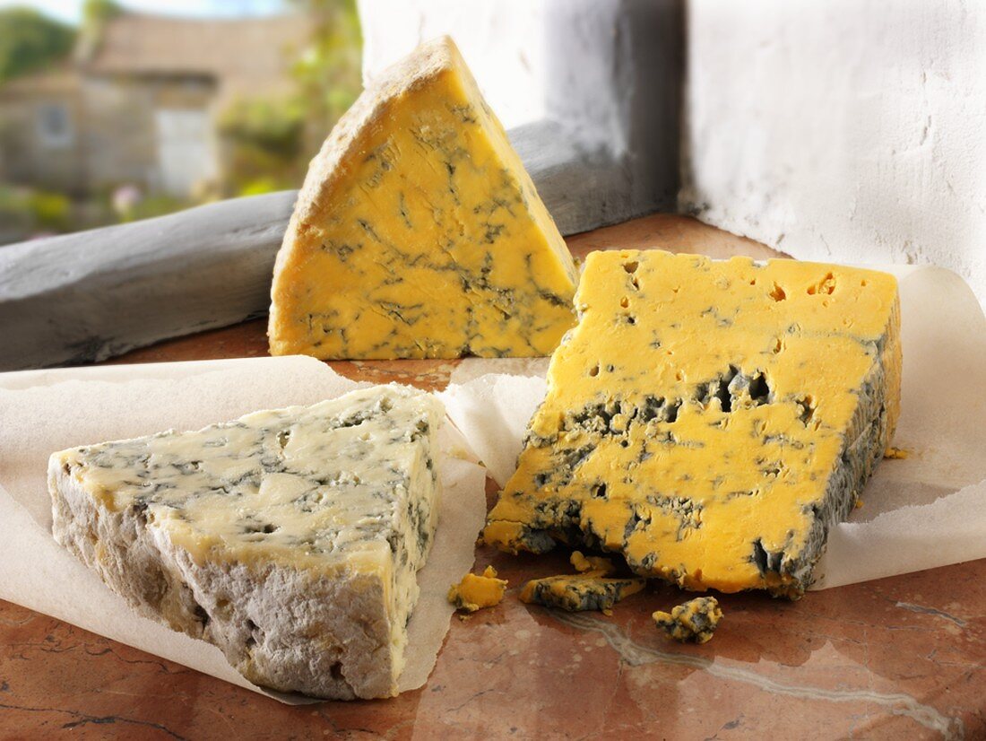 English cheeses: Blue Shropshire, Blue Vinney, Blacksticks Blue