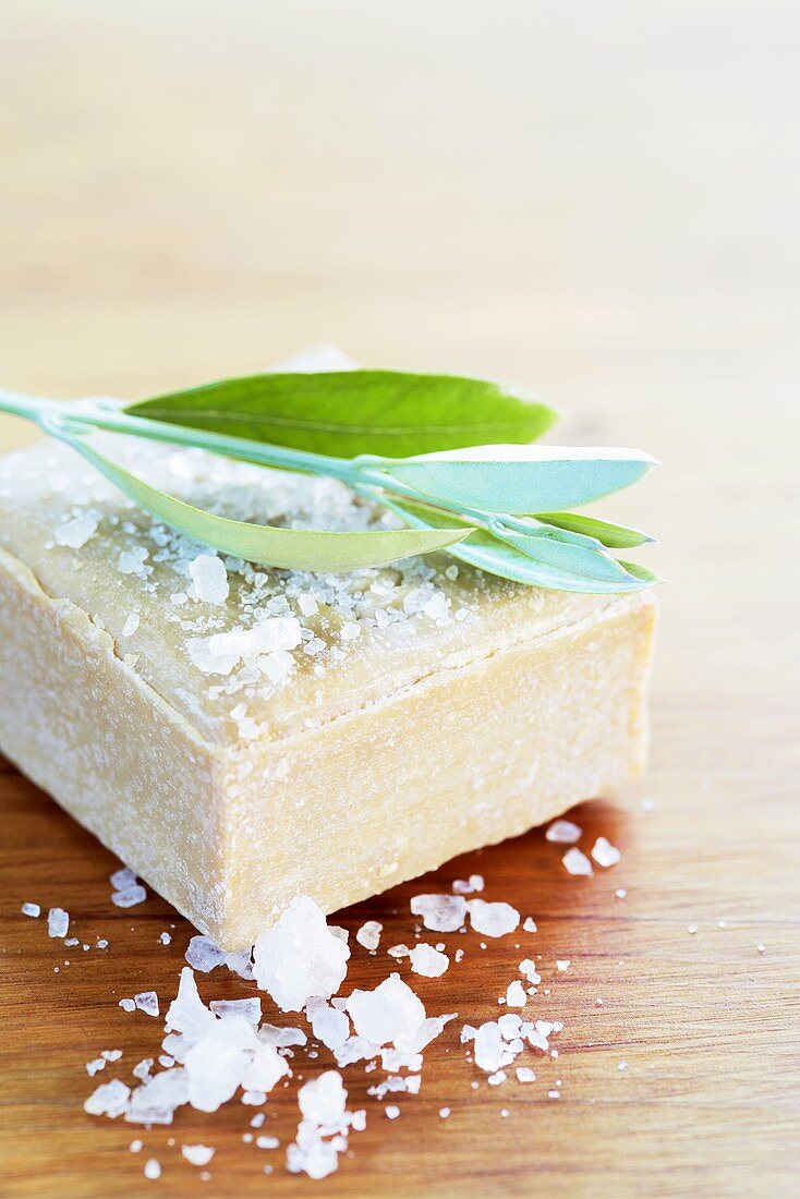 Olive leaves and bath salts on olive soap