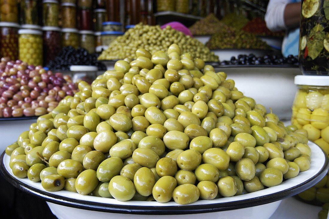 Green olives on a Moroccan market stall