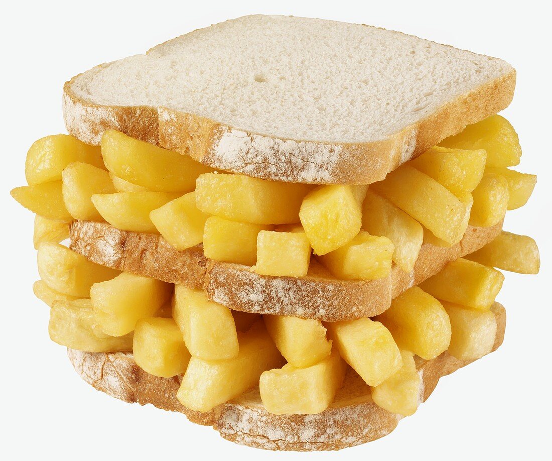 Double-decker chip butty (chip sandwich in white bread)
