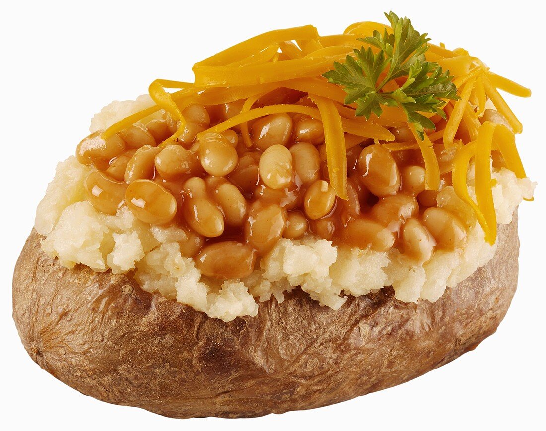 A baked potato with baked beans and Cheddar cheese