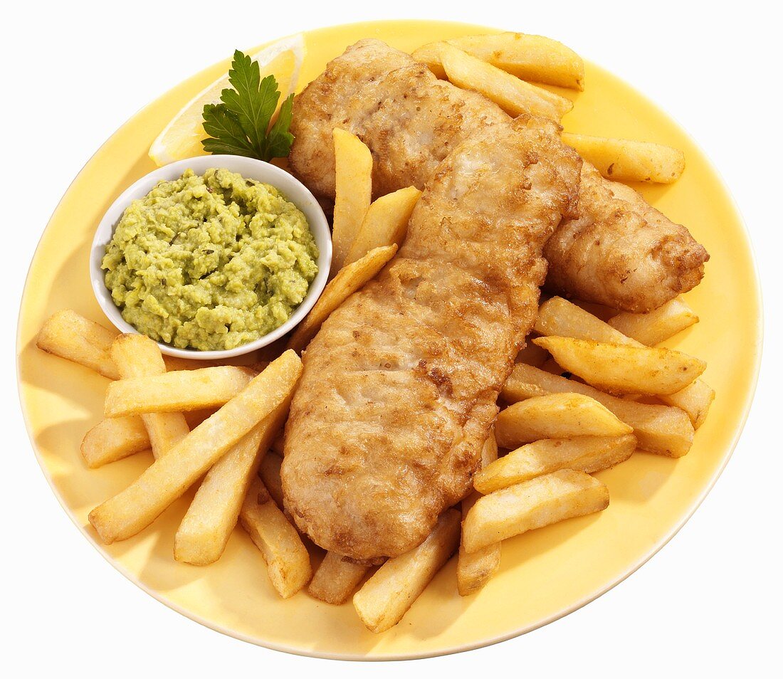 Fish and chips with mushy peas
