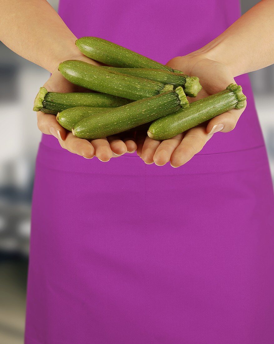 Hands holding baby courgettes