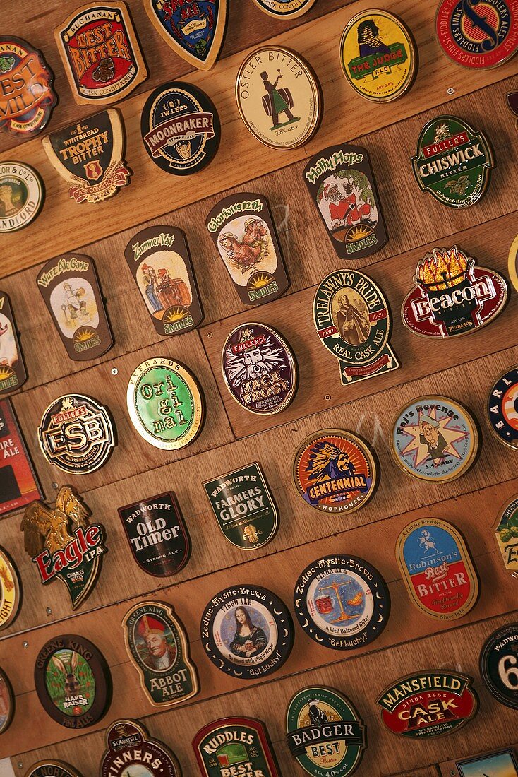 Several beer pump labels