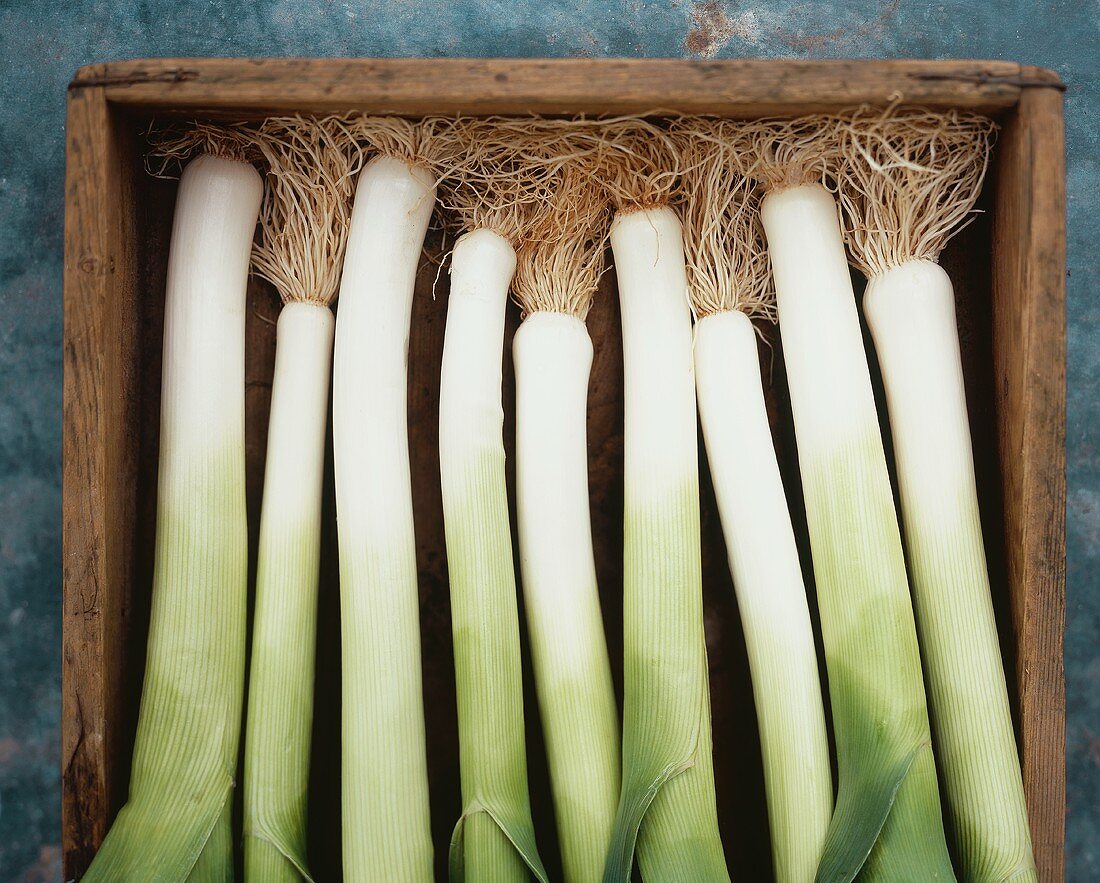 Leeks in a wooden box