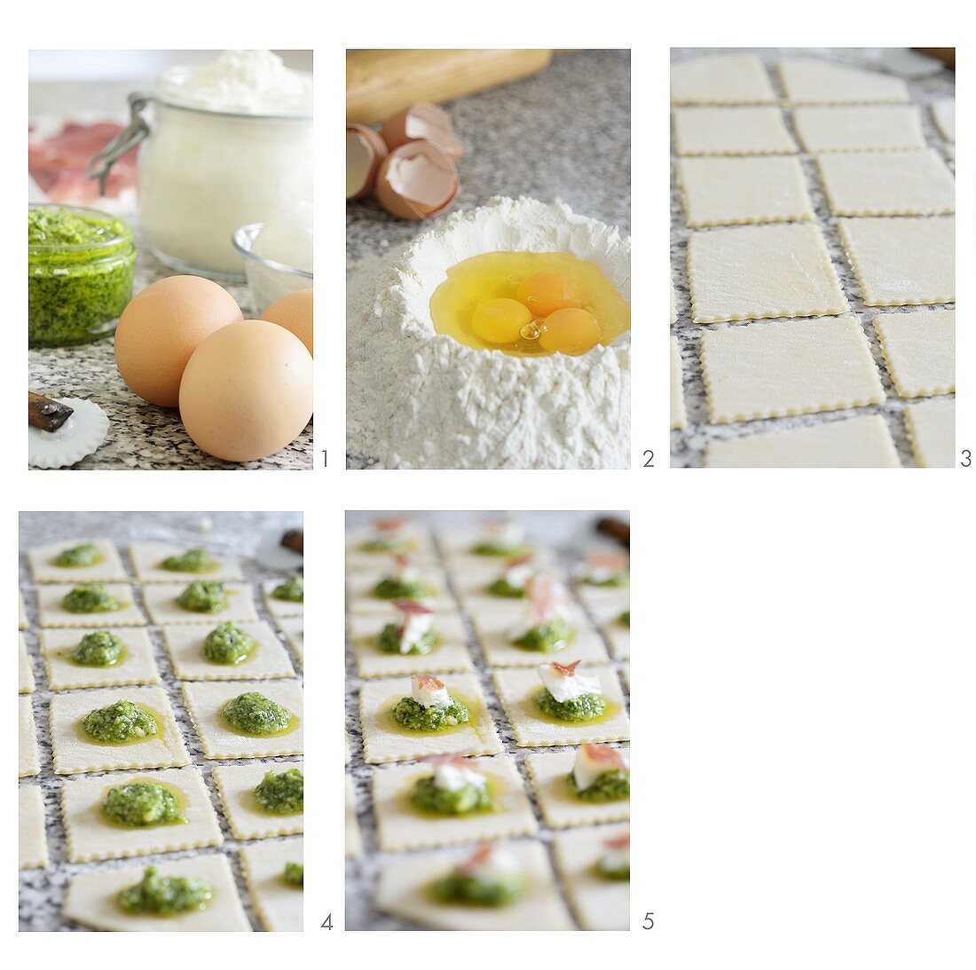 Ravioli with a pesto-ricotta filling being made