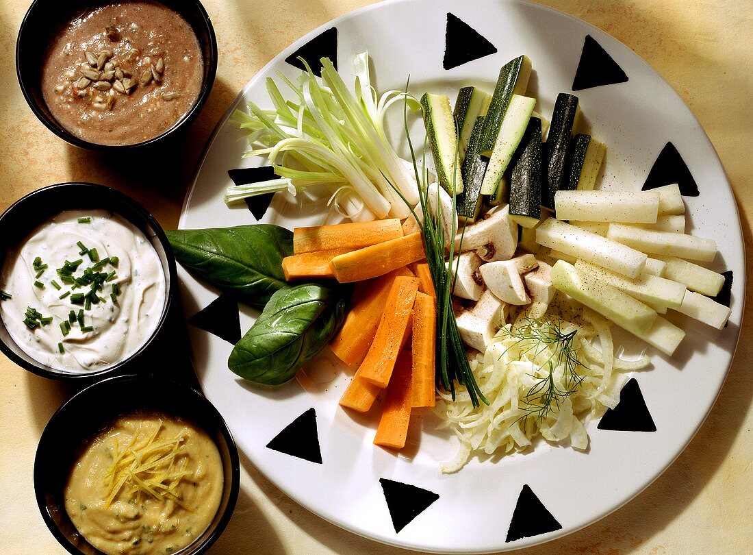 Raw Vegetables with Three Dips