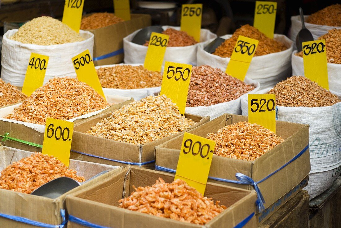 Dried shellfish on a market stall in Thailand