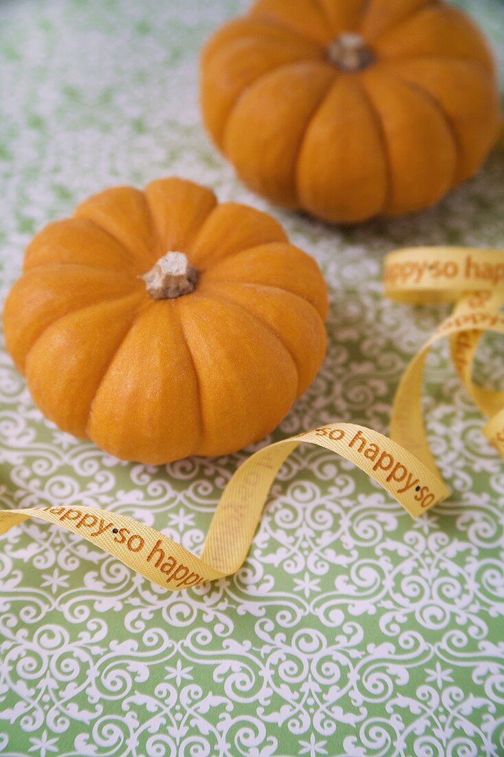 Two baby pumpkins with ribbon