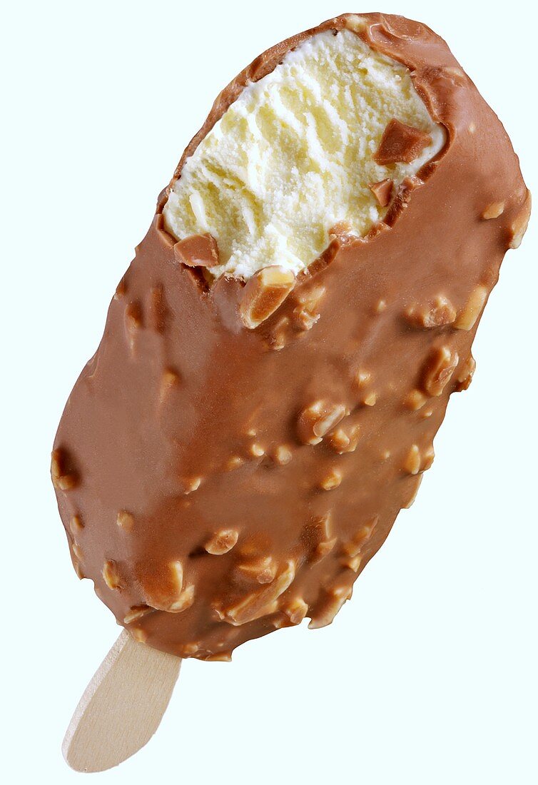 Ice cream on a stick with chocolate and almond coating