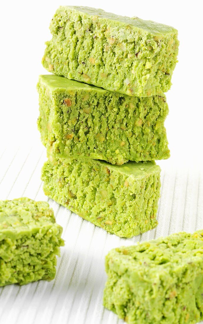 Tower of pistachio barfi (Pistachio sweets, India)