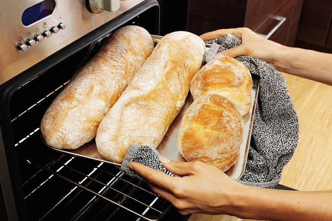 Ciabatta aus dem Ofen nehmen