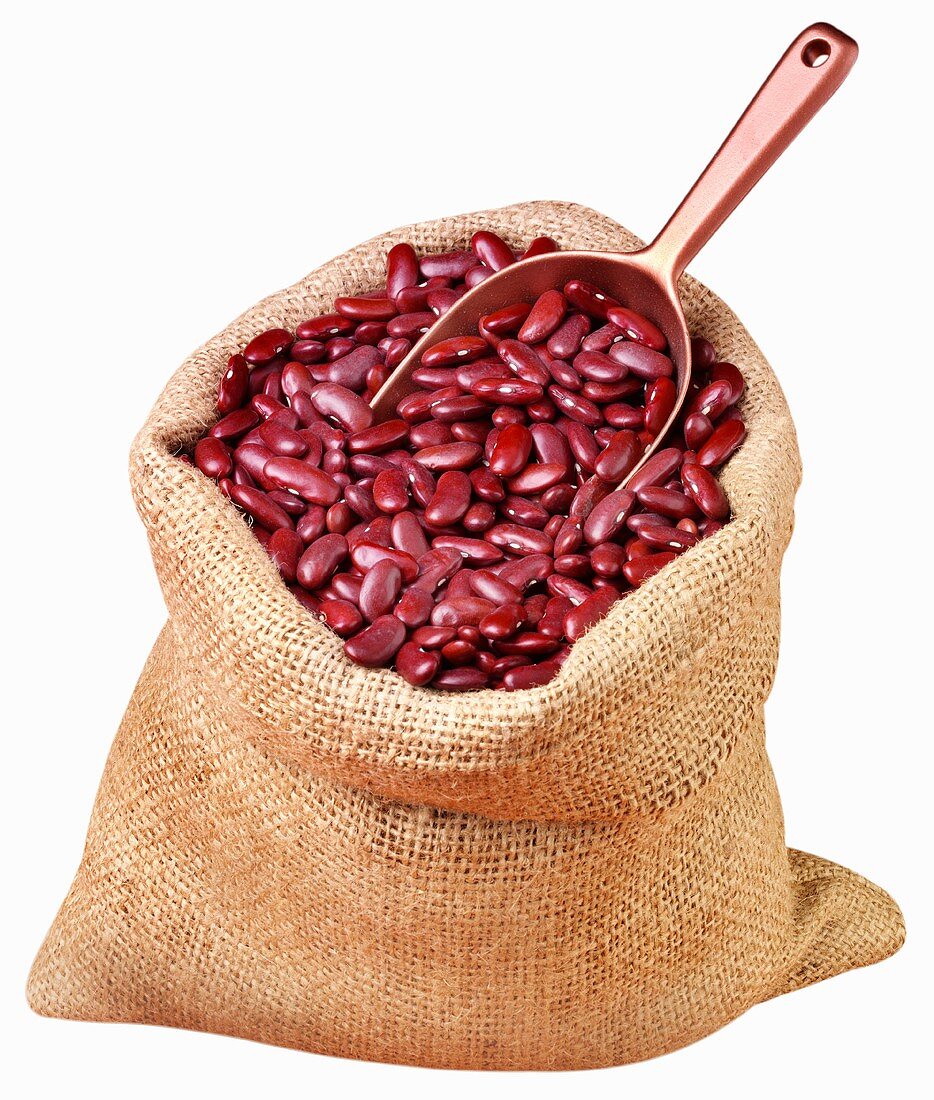 Red kidney beans in jute sack with scoop