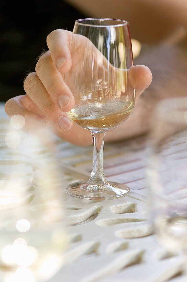 Hand holding a glass of white wine at a wine tasting