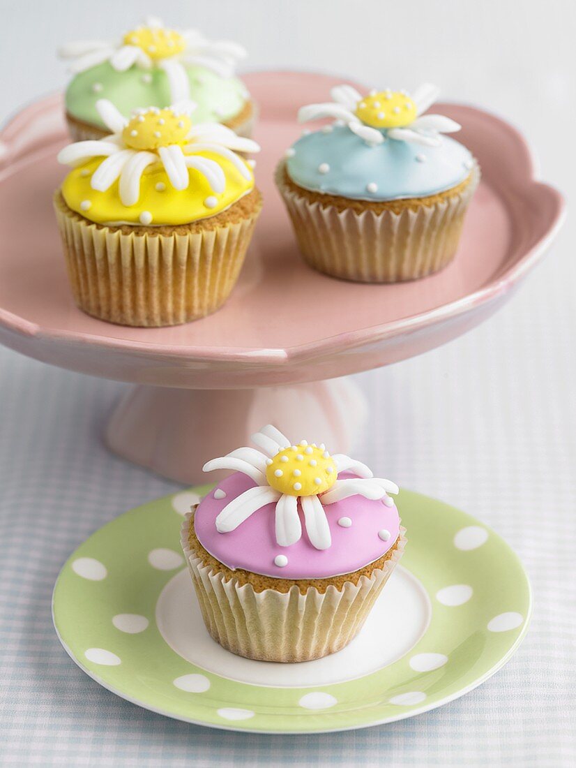 Four cupcakes with daisy decorations on pedestal stand & plate